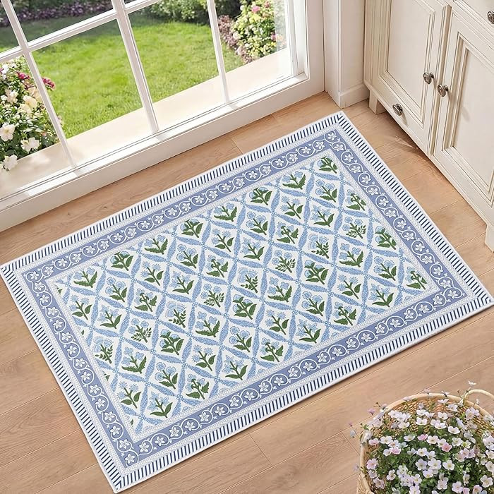 2'' x 3'' Blue Green Block Print Area Rugs for Entryway Vintage Floral Decorative Boho Indoor Was... | Amazon (US)