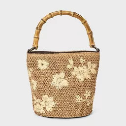 Straw Floral Embroidered Bucket Top Handle Bag - A New Day\u2122 Natural | Target