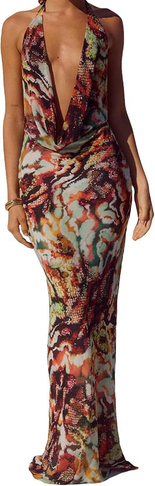 Women's Retro Print Halter Maxi Dress Sexy Deep V Neck Backless Slim Fit Vacation Casual Summer L... | Amazon (US)