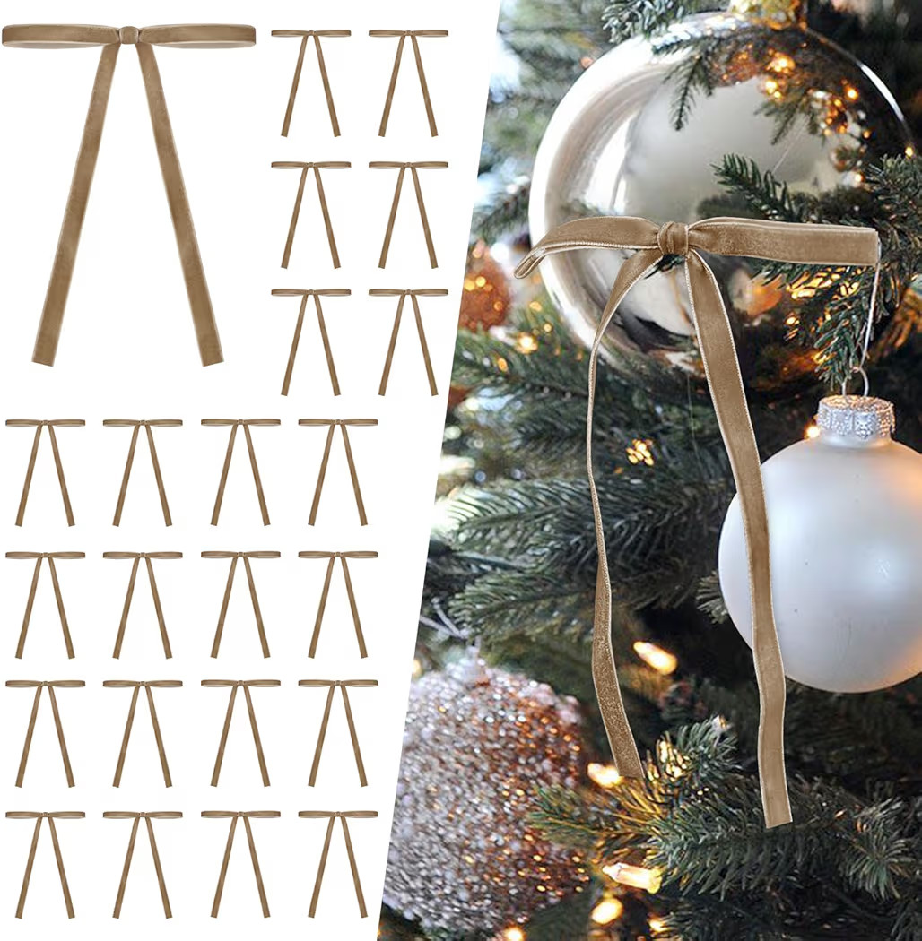 SIMISI RIBBON 24 Pcs Khaki Velvet Christmas Tree Bows Door Garland Decor Vintage Wreath Bow (3/8'... | Amazon (US)