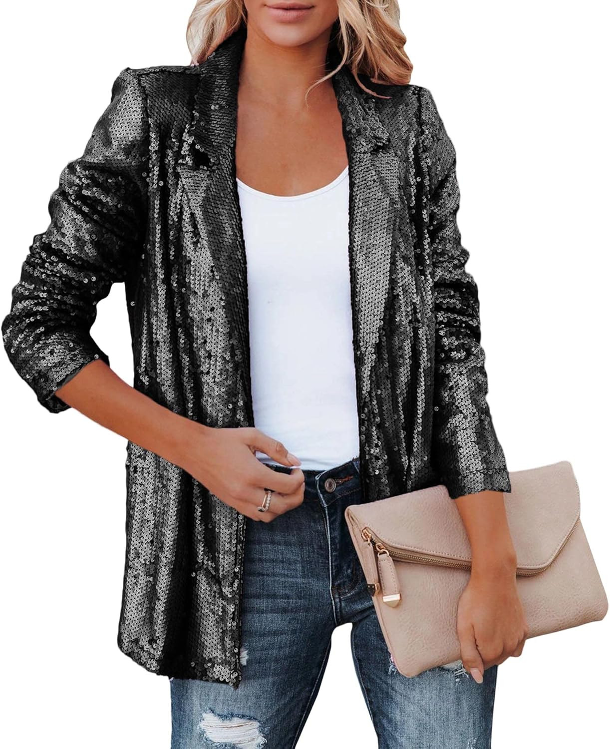 SEMATOMALA Women's Sequin Shiny Open Front Blazer Evening Party Sparkly Long Sleeve Slim Cardigan... | Amazon (US)