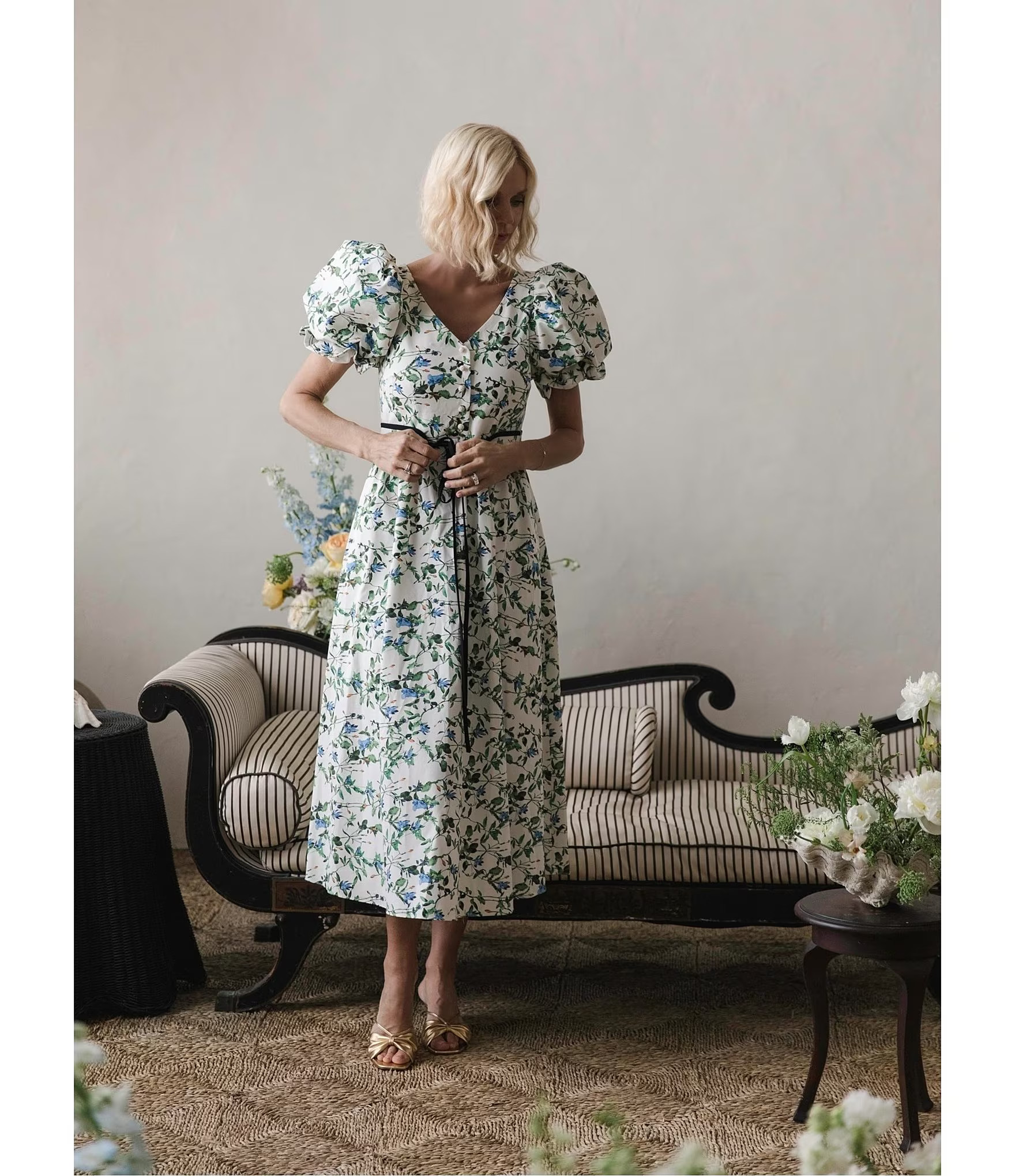 x Jennifer Sumko Rebecca Tie Waist Short Puffed Sleeve V-Neck Midi Dress | Dillard's