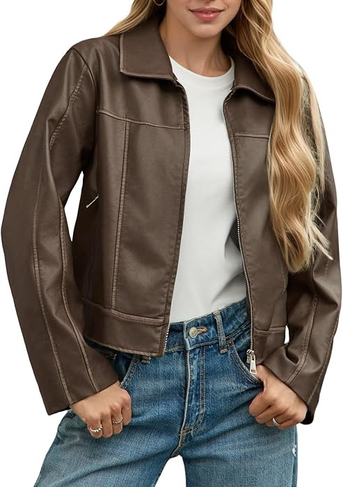 Womens Faux Leather Jacket Casual Zip Up Motorcycle Long Sleeve Collared Spring Cropped Coats wit... | Amazon (US)
