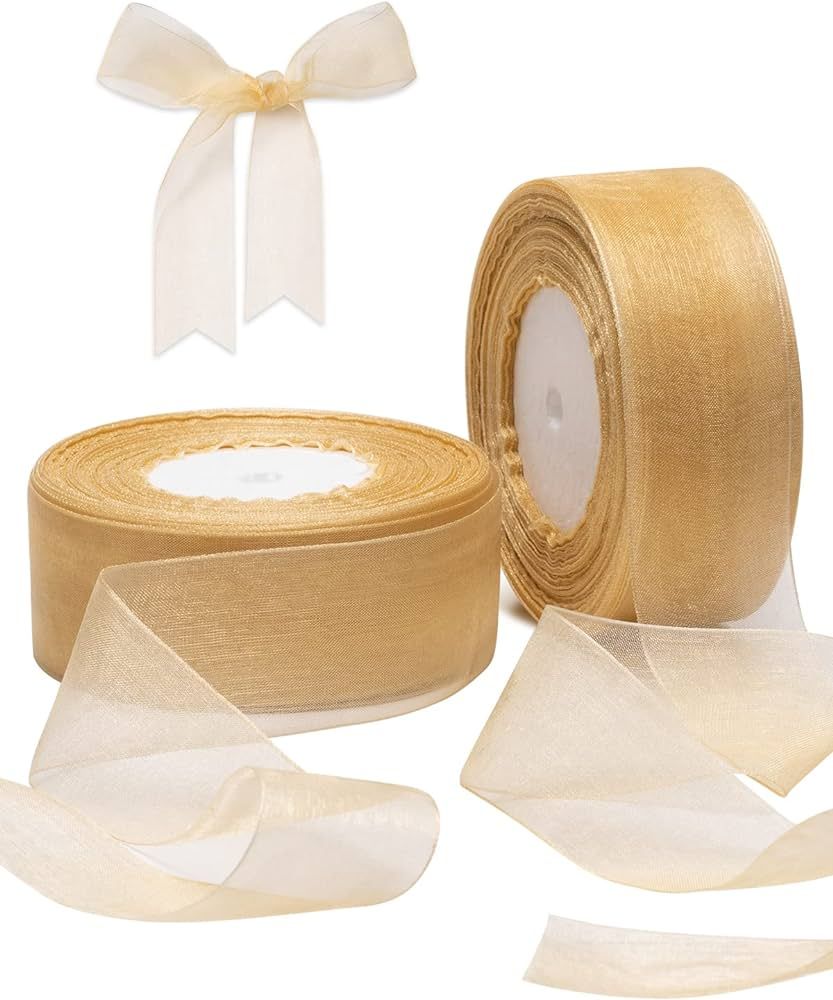 FAKILO 2 Roll Champagne Organza Ribbon 1.5 Inch for Wedding Gift Wrapping, 100 Yards Gift Ribbon ... | Amazon (US)