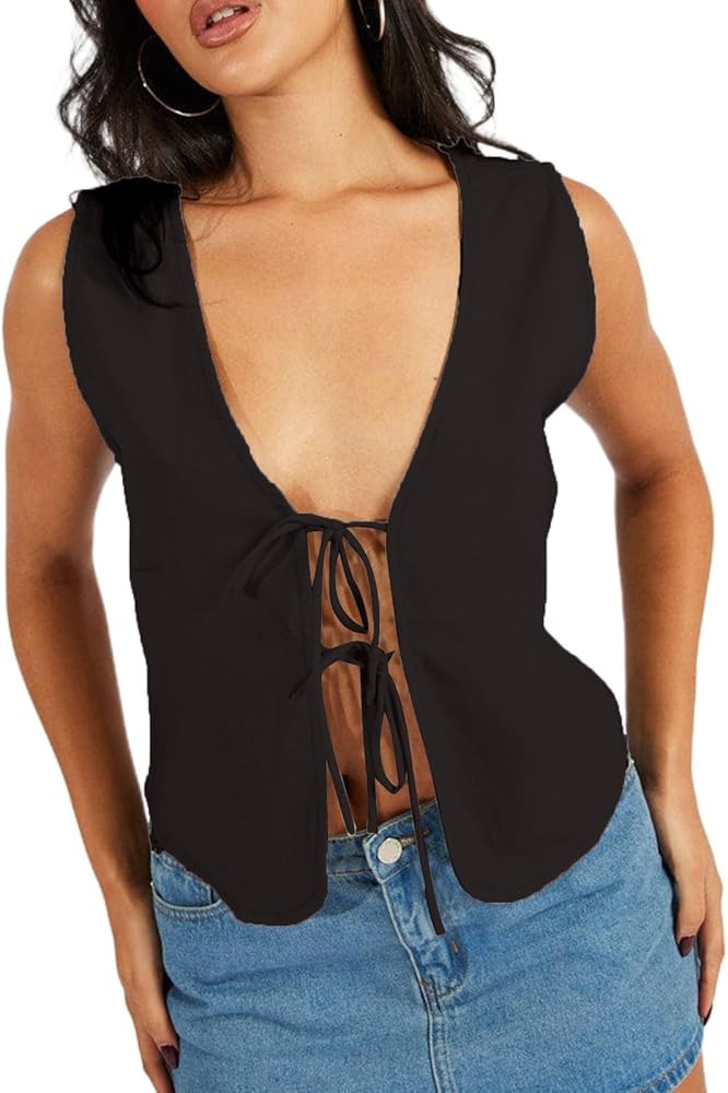 Tsultryofs Women's Vintage Bow Tie Front Vest Sleeveless Deep V Neck Tank Tops Y2K Summer Streetw... | Amazon (US)