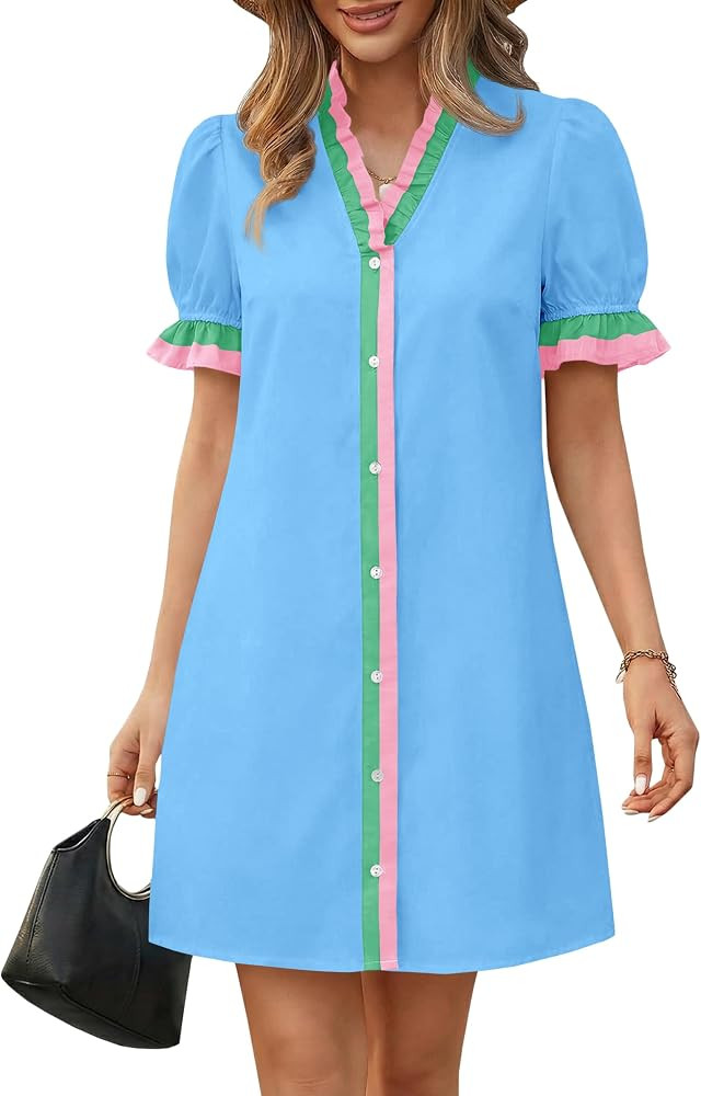 Wenrine Womens Summer Mini Dresses Casual Floral Puff Short Sleeve V Neck Button Down Ruffle Beac... | Amazon (US)