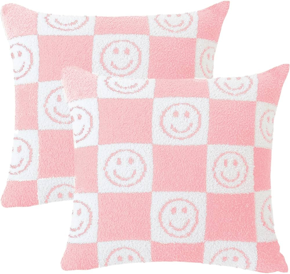 Ultra Soft Cozy Happy Smiling Face Checkered Knitted Throw Pillow Cover Fluffy Microfiber pilloca... | Amazon (US)