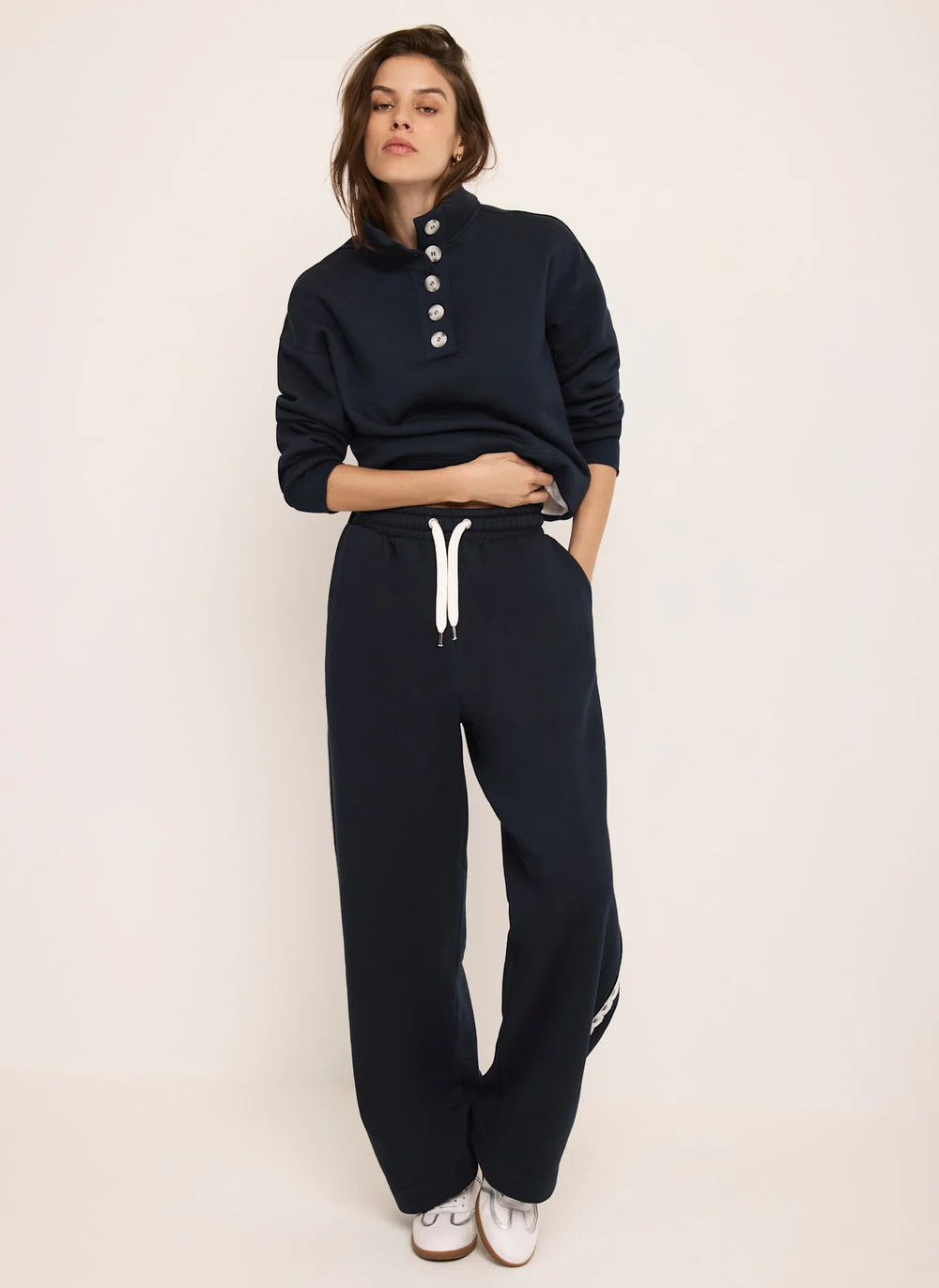 Navy Jersey Crochet Trim Wide Joggers | Mint Velvet