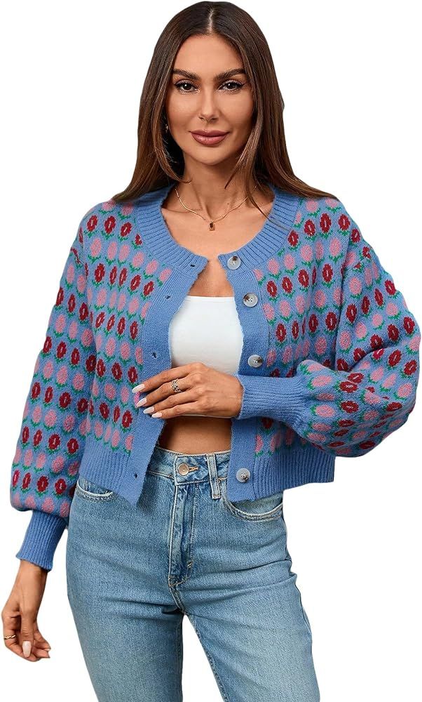 WDIRARA Women's Floral Button Down Ribbed Knit Crew Neck Cropped Cardigan Sweater | Amazon (US)