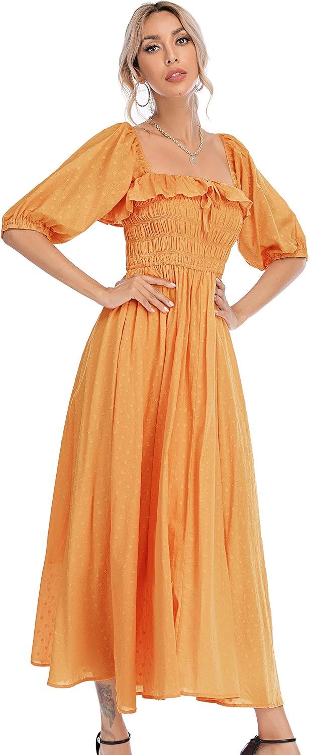 R.Vivimos Women's Polka Dot Slim Fit Half Sleeve Dresses Square Collar Long Midi Dress | Amazon (UK)