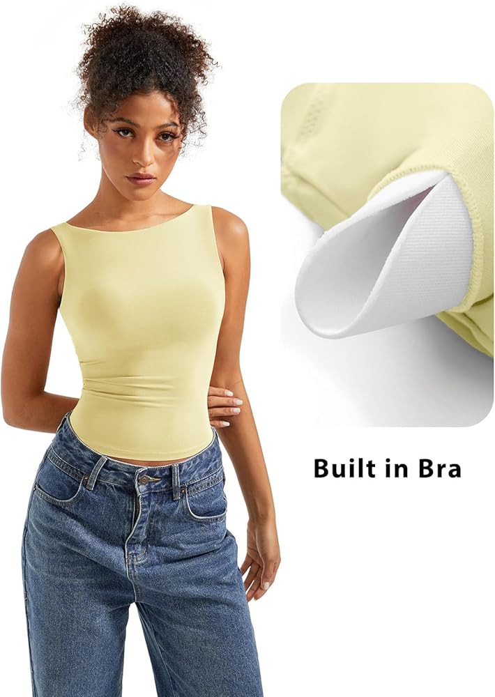 SUUKSESS Women Padded Open Back Boat Neck Tank Tops Double Lined Basic Shirts | Amazon (US)