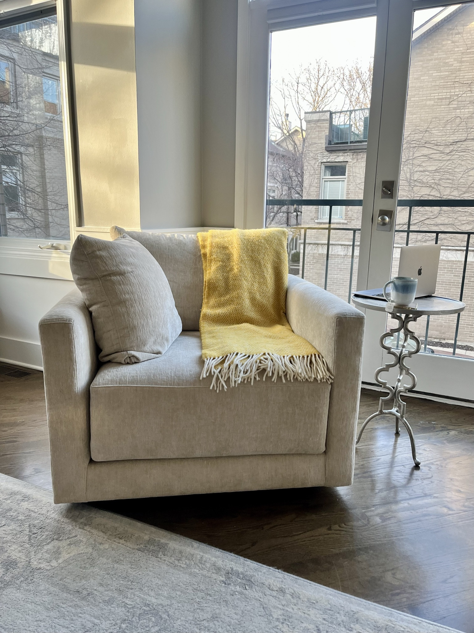 Favorite Nook 👩‍💻☕️

This is my favorite spot to soak up some golden hour light and finish my workday with a relaxing cup of tea.

The deep seat Gather chair by Crate and Barrel is a dream. Big enough to sprawl out, but small enough to feel cozy and warm. Obsessed with the texture and feel of the performance chenille fabric. Plus it swivels 😍 

Paired this chair with a brushed metal silver side table I bought at Home Goods around 10 years ago, plus a Tweedmill London 100% wool fringe blanket. The blanket was a gift from family in Scotland 🫶

#LTKfamily #LTKstyletip #LTKhome