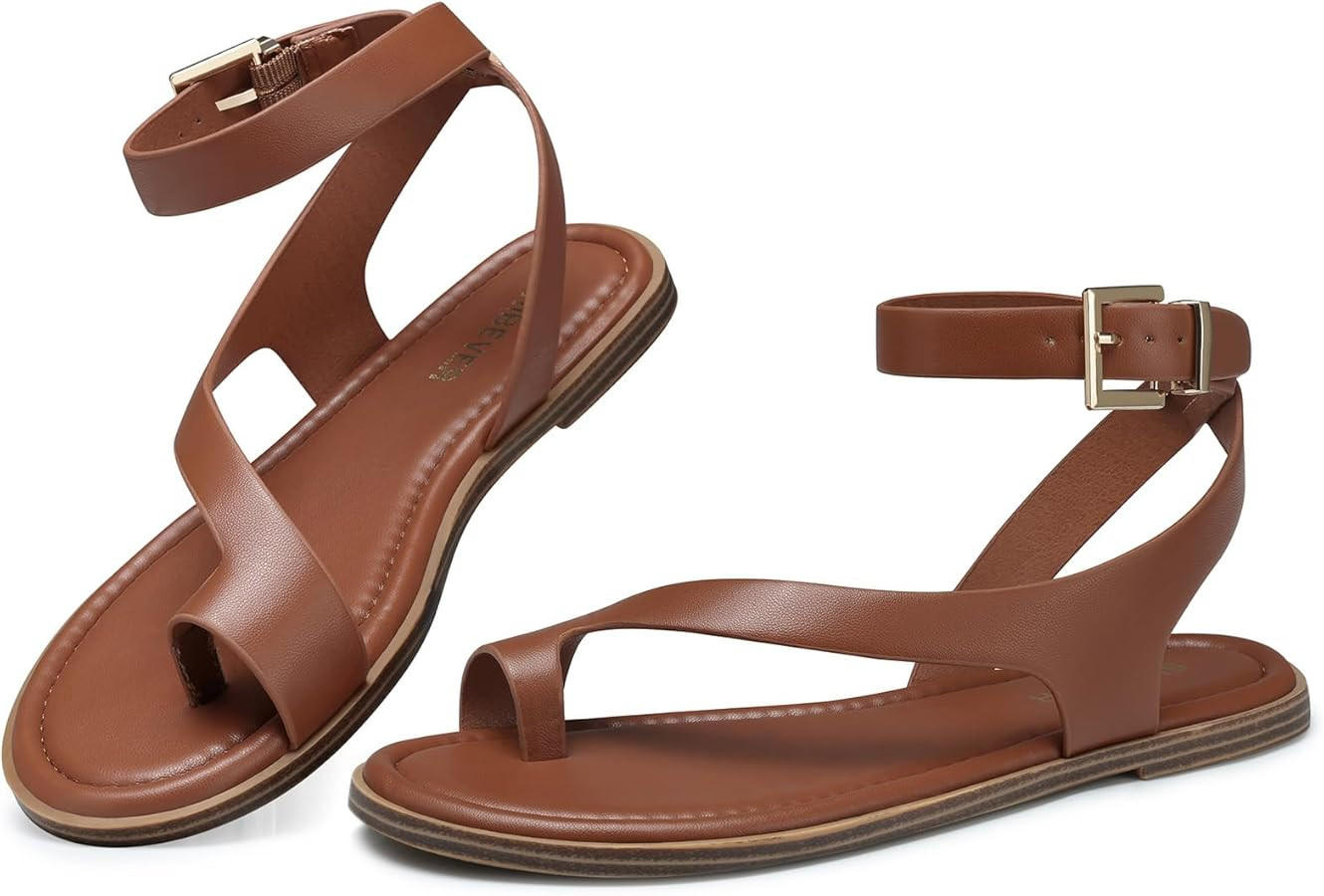 SHIBEVER Flat Sandals for Women Dressy: Comfortable Toe Loop Strappy Sandals Summer Casual Ankle ... | Amazon (US)
