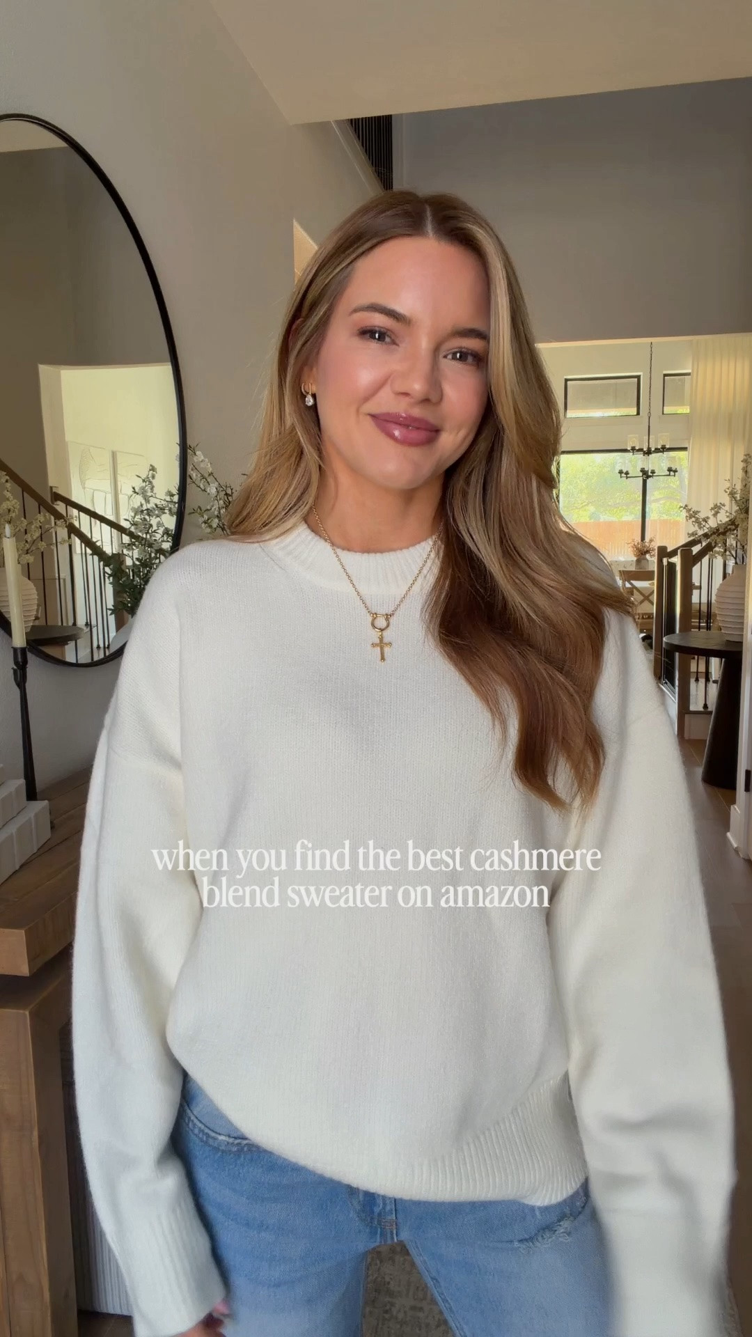 wearing a small size up a couple if you want a cozy oversized fit. amazon cashmere sweater!
