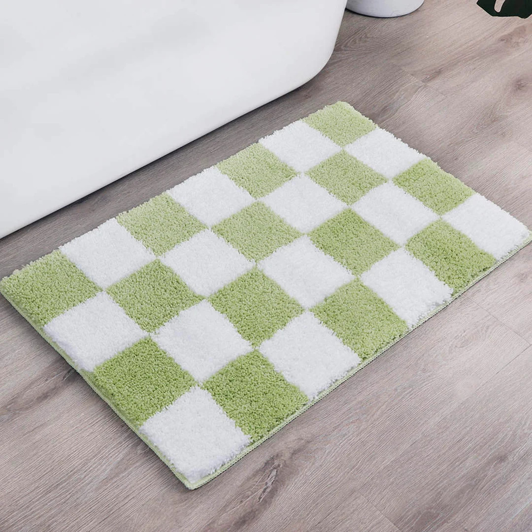Modminzen Checkered Green & White Bath Mat Non Slip, Tufted, Microfiber, Ultra Absorbent, Fade Re... | Etsy (US)