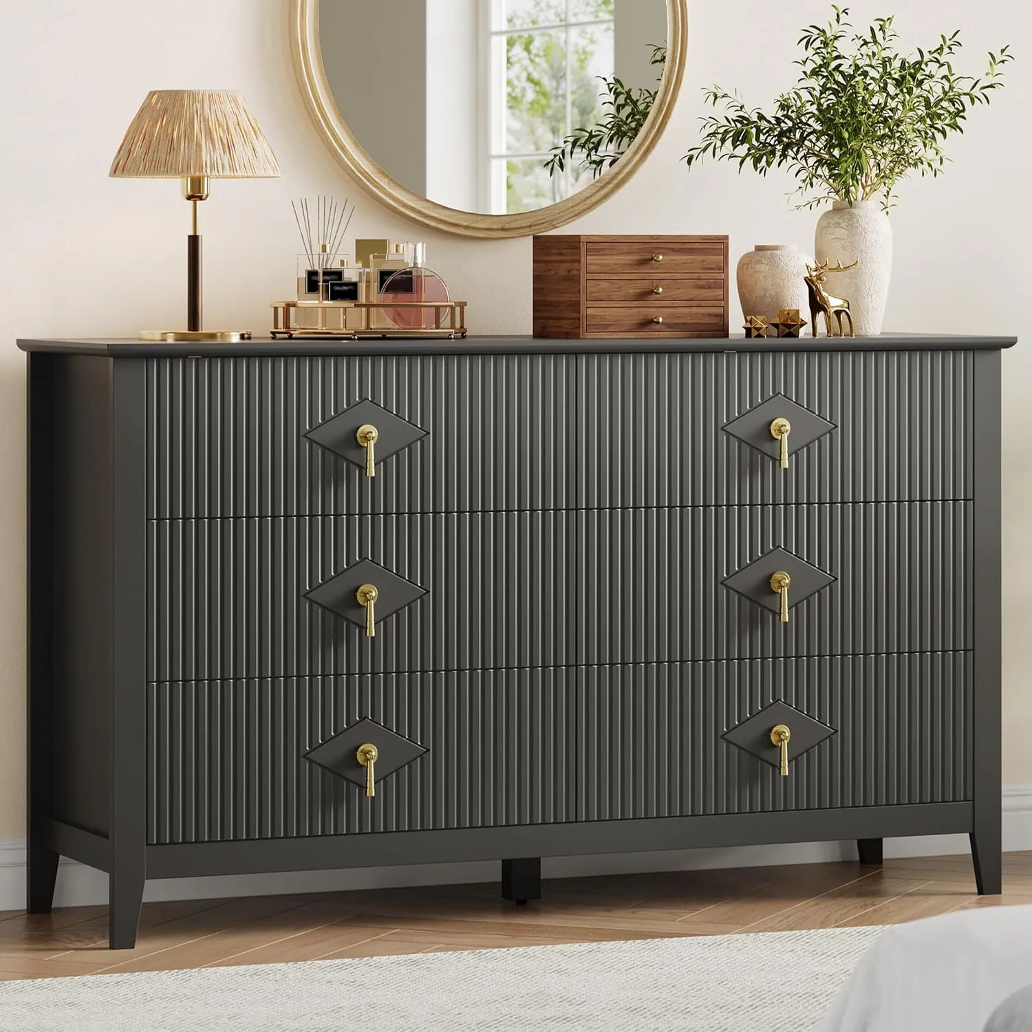 Garvee Fluted 6 Drawers Dresser for Bedroom 54in Wide Modern Chest of Drawers with Metal Handle Wooden Dresser Organizer for Bedroom Living Room | Lowe's