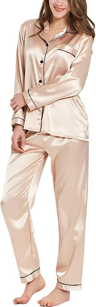 SWOMOG Womens Pajamas Set Silk Satin Sleepwear Long Sleeve Nightwear Button Down Pj Lounge | Amazon (CA)