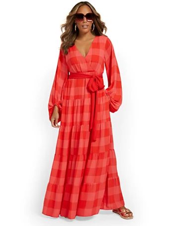 Gingham-Print Belted Maxi Dress | New York & Company