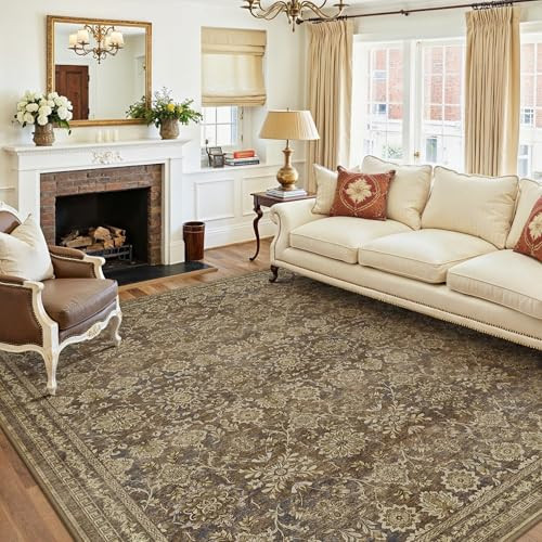 PureCozy 6x9 Vintage Area Rug Brown Washable Living Room Large Non Slip Carpet Bedroom Indoor Office Low Pile Traditional Distressed Retro Floral Accent Rug for Dining Room Kitchen | Amazon (US)