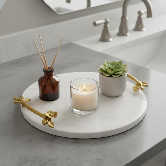 Modish Luxury Natural Marble Tray with Golden Flower Handles - Kitchen Countertop Decor, Stone Tr... | Amazon (US)