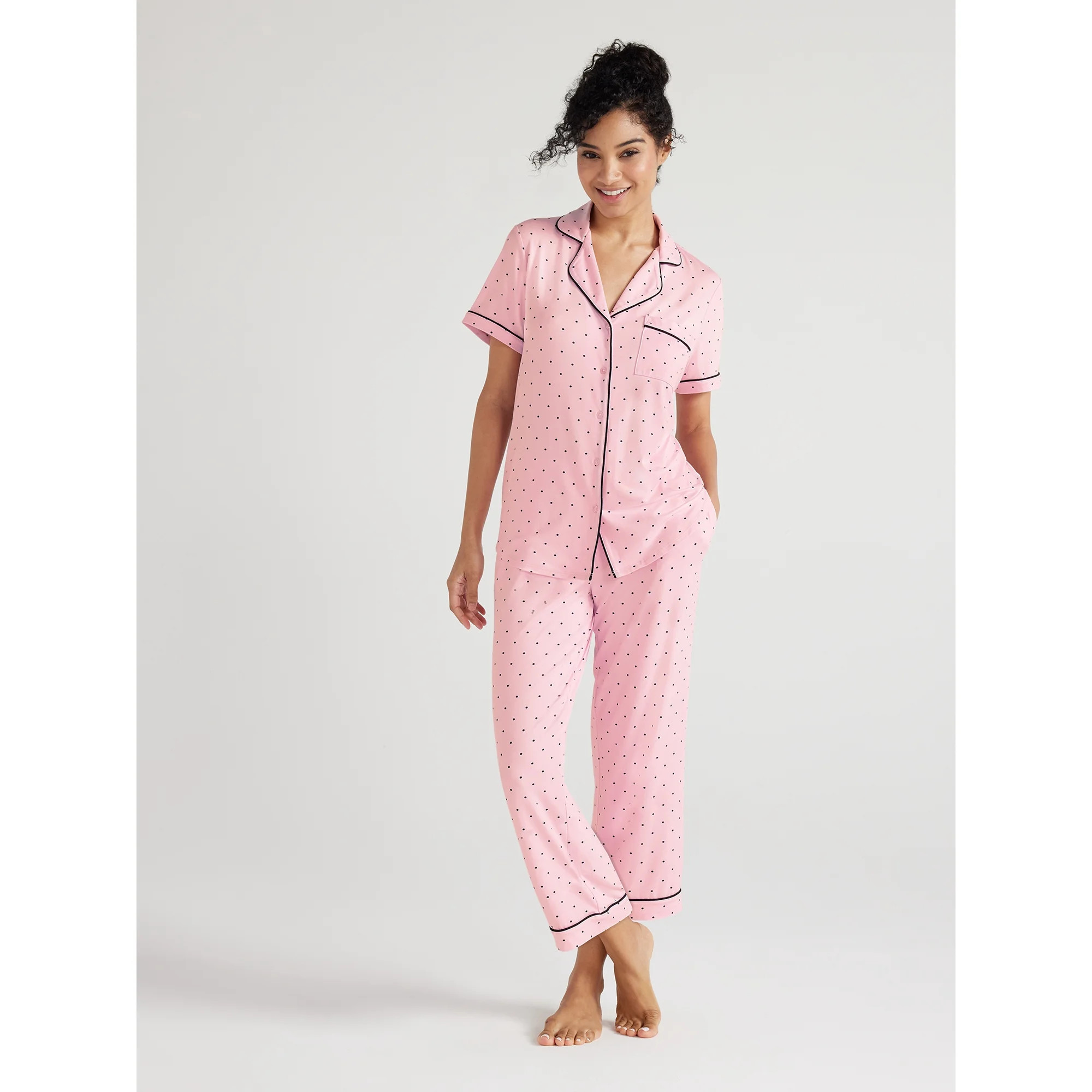 Joyspun Women's Knit Short Sleeve Notch Collar Top and Capri Pajama Set, 2-Piece, Sizes S to 3X | Walmart (US)