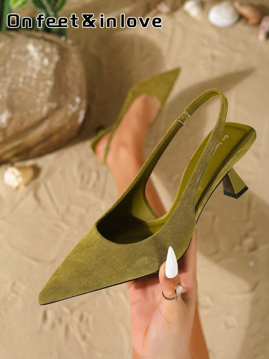 On feet& in love Zapatos de tacón alto elegante para mujer con tacón de gatito, punta puntiaguda, punta cerrada y correa trasera, adecuados para combinar con vestidos de fiesta | SHEIN