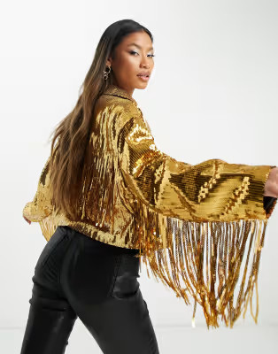 ASOS DESIGN sequin fringe jacket in gold | ASOS (Global)