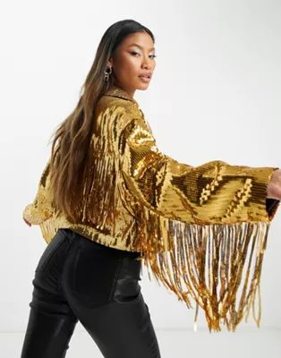 ASOS DESIGN sequin fringe jacket in gold | ASOS (Global)