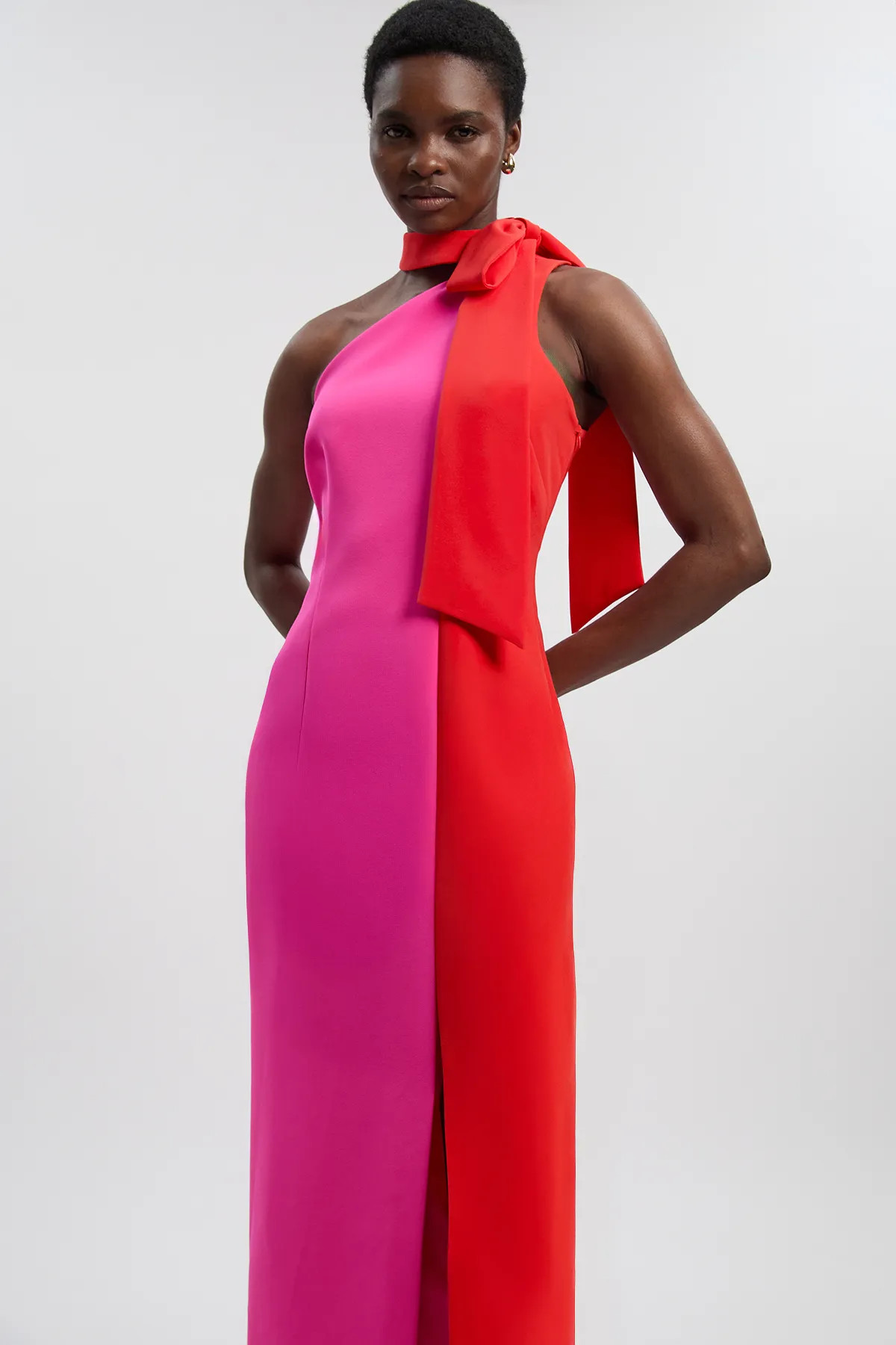Pink Soft Tailored Colour Block Bow Midi Dress | Karen Millen USA | Karen Millen