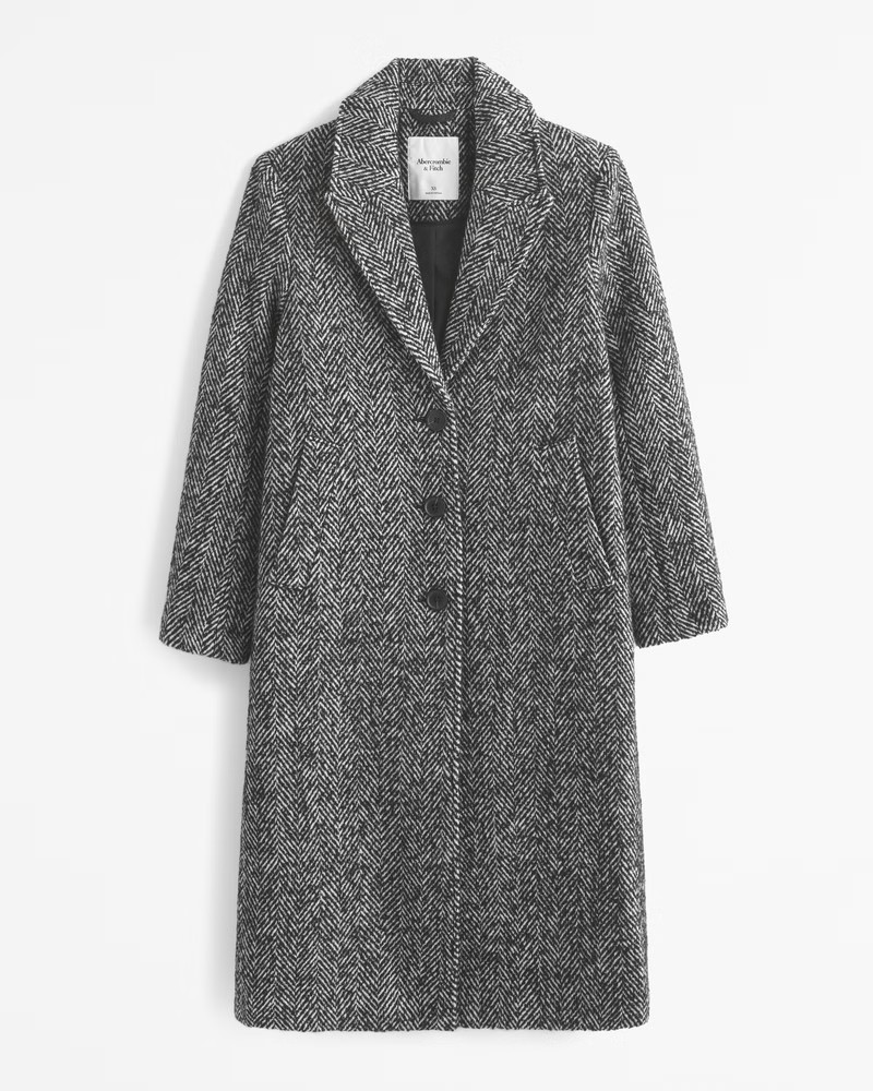 Abercrombie & Fitch Women's Wool-Blend Tailored Topcoat in Black Herringbone - Size L | Abercrombie & Fitch (US)