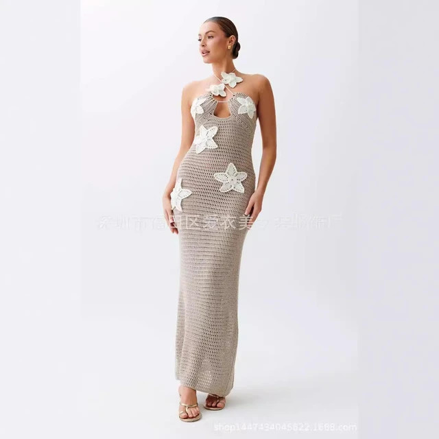 Mujeres Sexy flor ganchillo gancho ahueca hacia fuera Halter vestido Delgado elegante sólido esp... | AliExpress UK