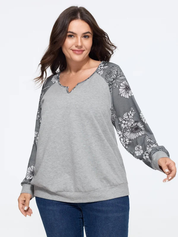 Stretch Floral Print Raglan Sleeve Sweatshirt | Bloomchic