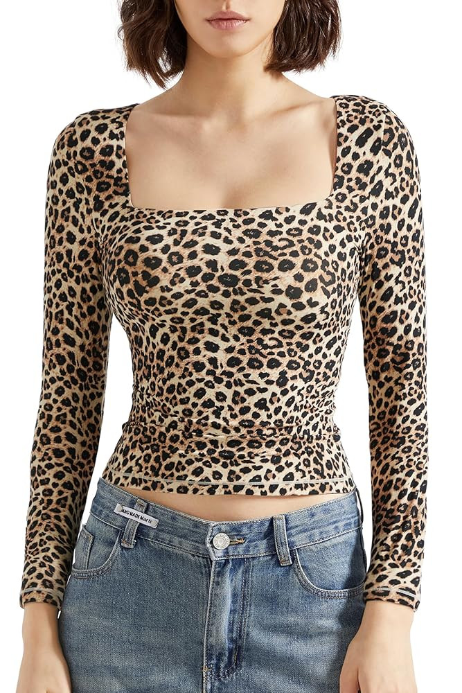 SUUKSESS Women Square Neck Long Sleeve Tops Double Lined Going Out T Shirts | Amazon (US)