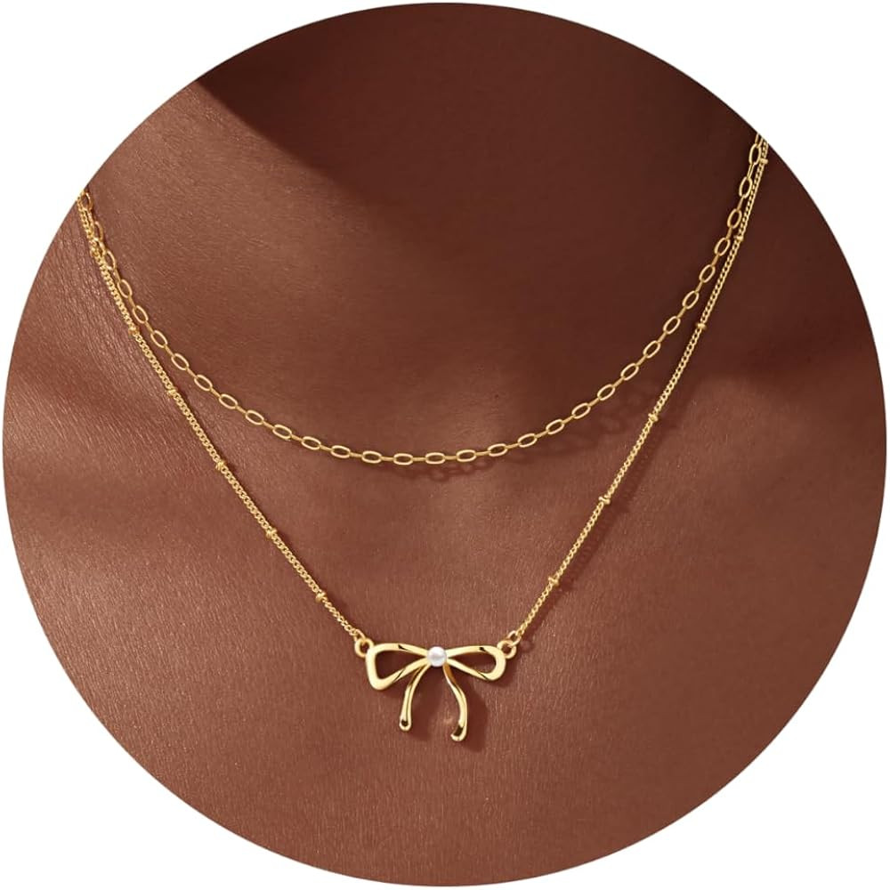 Gold Layered Necklaces for Women Chunky 14K Gold Silver Plated Stack Diamond Bow Statement Pendan... | Amazon (US)