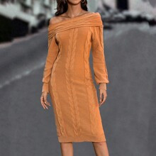 Foldover Off Shoulder Cable Knit Sweater Dress | SHEIN