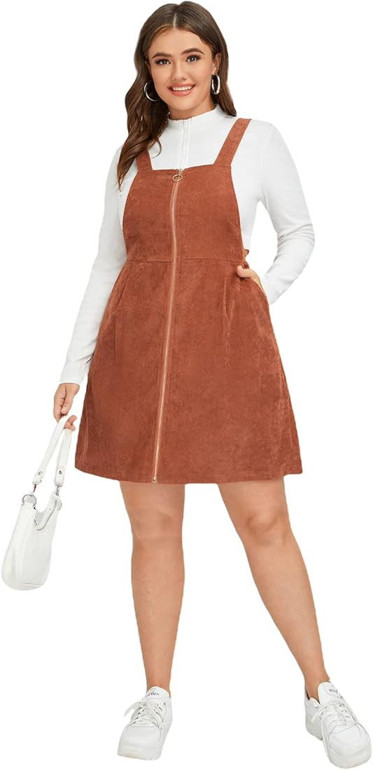 WDIRARA Women's Plus Overall Dress Corduroy Zip Front Pocket Suspender Skirts | Amazon (US)