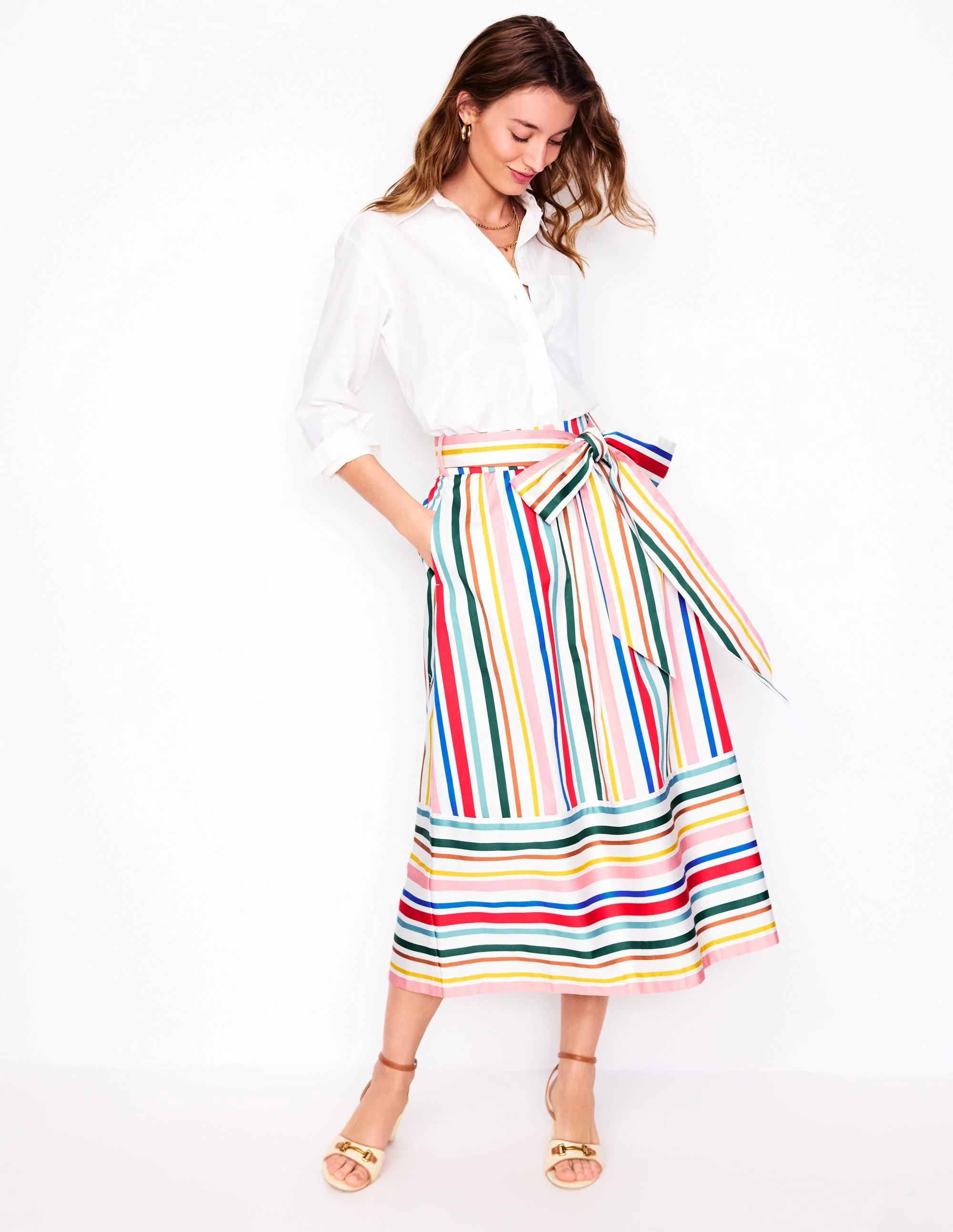Tie Belt Sateen Midi Skirt-Ivory Varigated Rainbow Stripe | Boden (US)