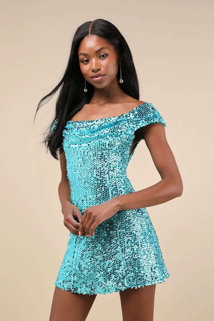 Glittering Nights Aqua Blue Sequin Off-the-Shoulder Mini Dress | Lulus