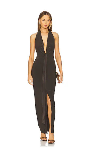 Norma Kamali x REVOLVE Tie Front Halter Gown in Chocolate. - size M | Revolve Clothing (Global)