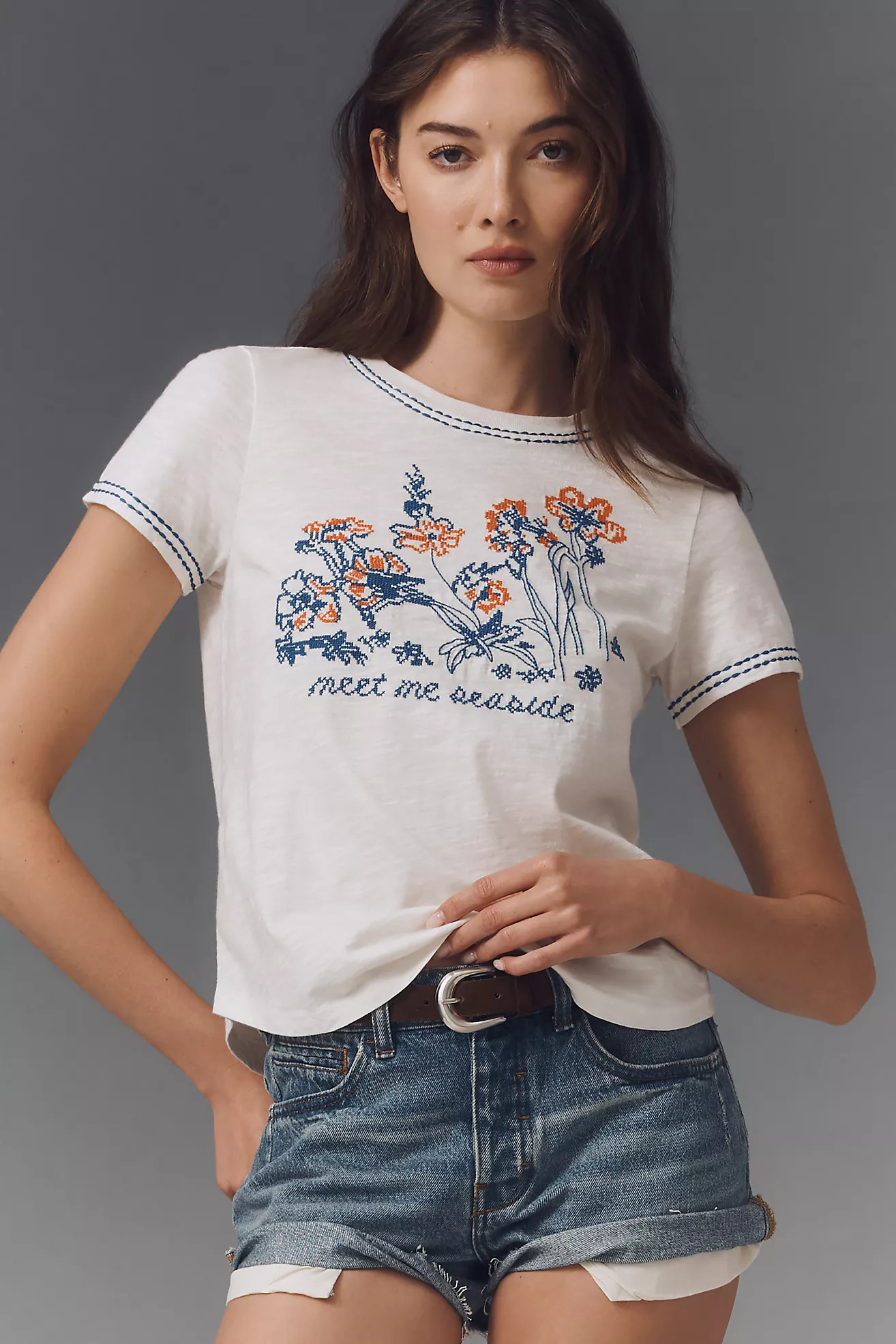 The Bennie Cotton-Slub Short-Sleeve Crew-Neck Tee by Pilcro: Embroidered Edition | Anthropologie (US)