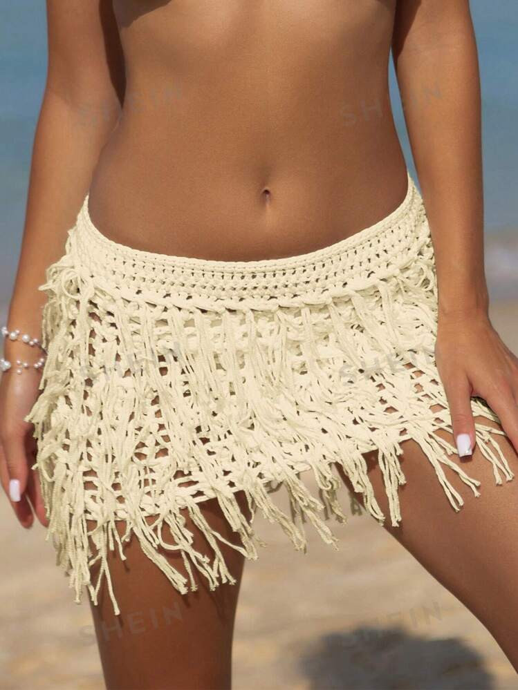 SHEIN Swim Summer Beach Crochet Fringe Hem Cover Up Skirt | SHEIN