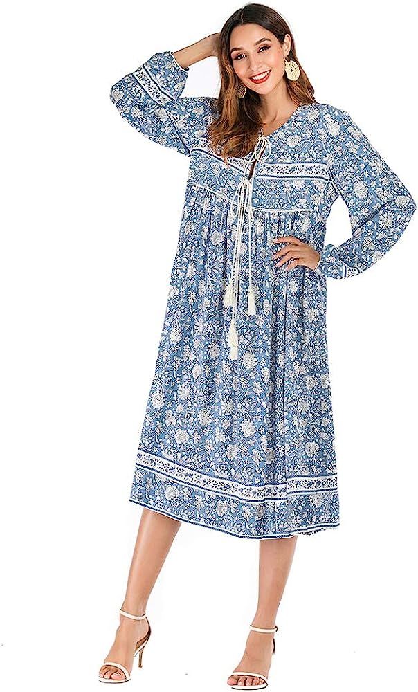 Women's Long Sleeve Floral Print Tassel V Neck Bohemian Loose Midi Dresses | Amazon (US)