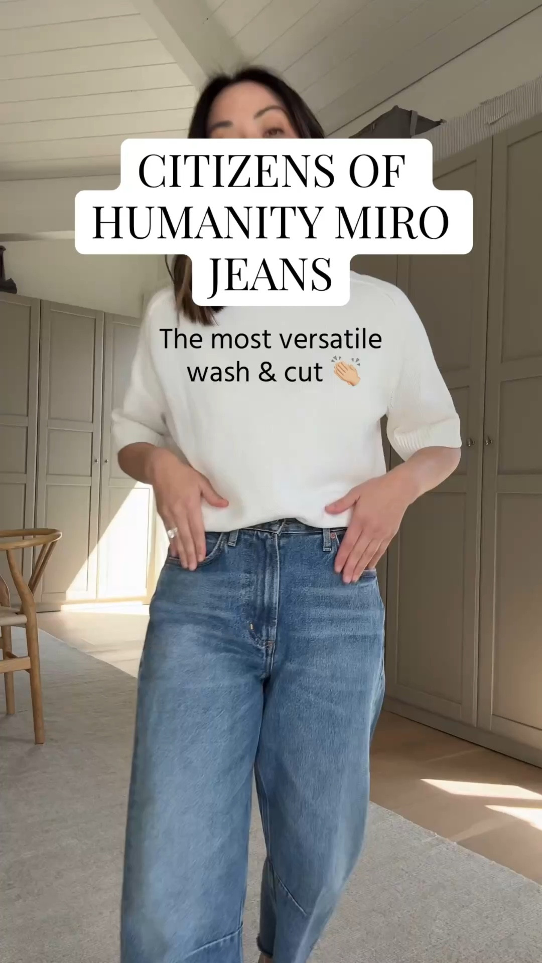 Citizens of humanity Miro jeans- my most worn barrel style for over  year now. Love the subtle curve. These run big- I sized down and cut the hems. The most perfect medium blue wash that works year round. 

Quince sweater small
Everlane tee mediumm
Citizens of Humanity Miro jeans 24 (sized down & cut hems)
Loeffler Randall flats 5
Dorsey James necklace 15"
Celine sunglasses 

Petite style, spring outfits 2026, spring style 




#LTKmomlife #LTKPetite #LTKootd