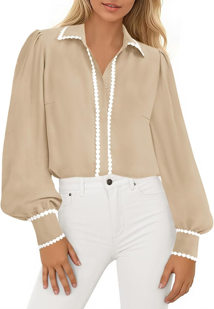 PRETTYGARDEN Womens Long Sleeve Button Down Shirts 2026 Trendy V Neck Loose Fit Fall Tops Collare... | Amazon (US)