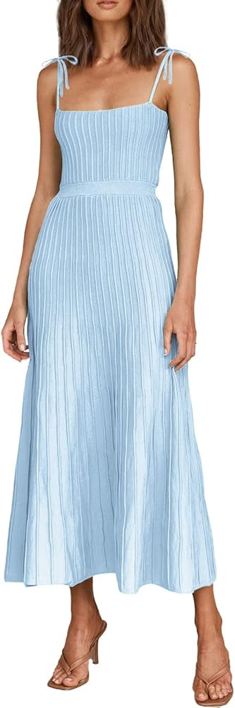 ARTFREE Womens Ribbed Knit Summer Maxi Dresses Tie Straps Square Neck Party Long Dress | Amazon (US)