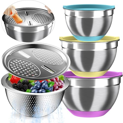 Nicdiet Mixing Bowls with Airtight Lids, Stainless Steel Mixing Bowl Set with 3 Metal Nesting Bowls, Colander & Grater, Non-Slip Bottoms, Size 1.5, 2.5, 5 QT, Great for Mixing & Serving, Mutilcolor | Amazon (US)
