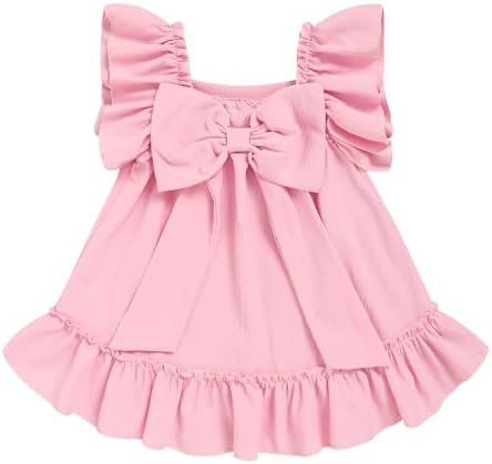 Toddler Girl Flutter Sleeve Dress, Back Bow Wrinkle Resistant Casual Outfit | Square Neck, Relaxe... | Amazon (US)