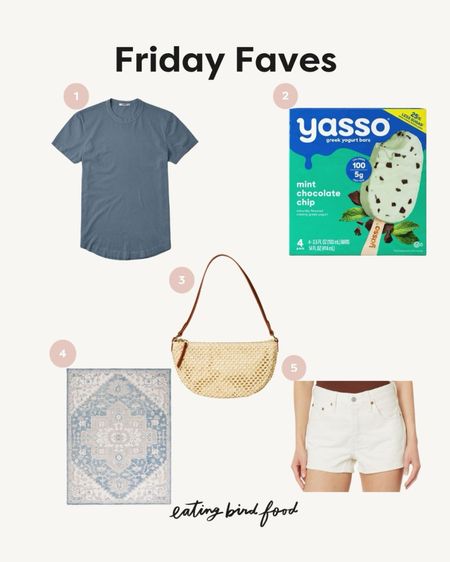 Friday Faves ☀️
1️⃣ I can’t believe I haven’t shared about Buck Mason before. Their t-shirts are hands-down Isaac’s favorite… so soft, high quality and the curved hem looks nicer than a basic tee. They come in short, regular and tall. Isaac is 5’7” and wears a M regular. 
2️⃣ I’ve been hooked on these for years, but lately I’ve been having one almost every night as an after dinner treat… and now Liv is hooked on them too. They’re soooo good.
3️⃣ Loving this little shoulder bag for summer. It’s so super cute and lightweight. Plus, only $25. 
4️⃣ I get asked about the rug that we have at the top of our stairs all the time and just noticed that it’s on sale for 24% off right now! It’s thick, has held up well over the past two years and I love the light blue pattern on it.
5️⃣ You can’t go wrong with a pair of Levi’s and I’m really liking the fit and style of these white shorts for summer! I’m typically a size 27 or 28 and I wear a 28 in Levis. They’re typically $69.50, but I just saw that they’re on sale for 30% on Amazon right now!

#LTKStyleTip #LTKMens #LTKHome