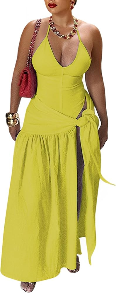 Womens Summer 2 Piece Maxi Skirt Sets Sexy Halter V Neck Backless Thong Bodysuits Wrap Beach Cove... | Amazon (US)