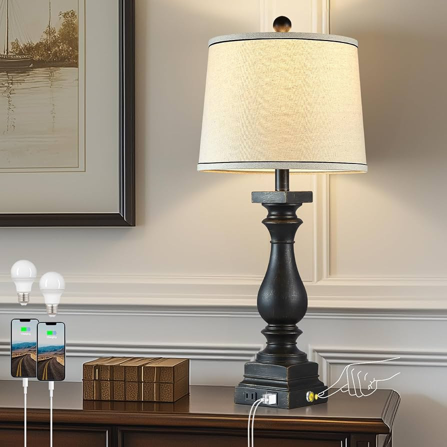 28" Tall Farmhouse Table Lamps with USB C+A Ports and AC Outlet, 3 Way Touch Control Rustic Bedsi... | Amazon (US)
